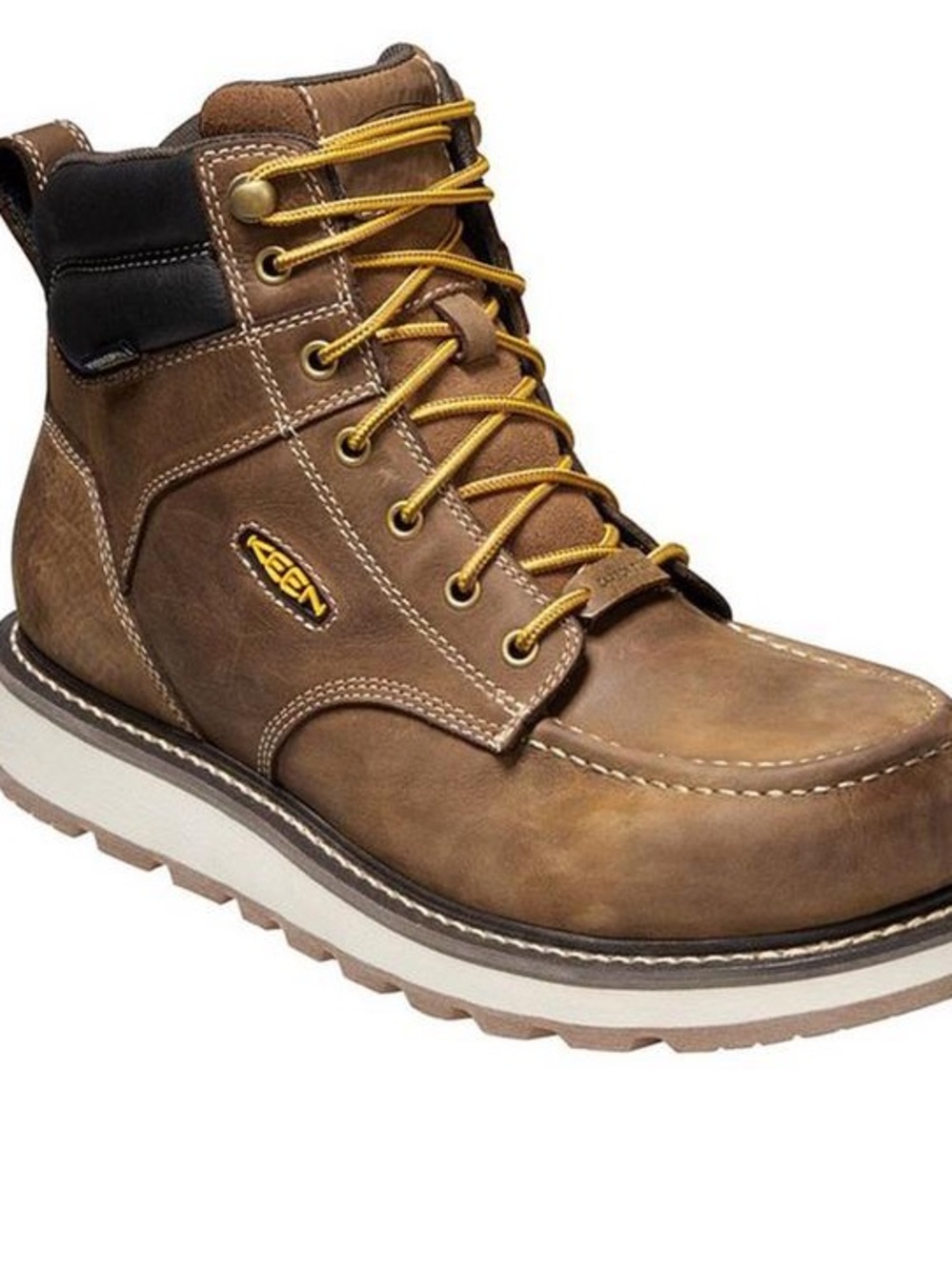Keen Men's Brown Leather Lace-Up Work Boot with Yellow Laces